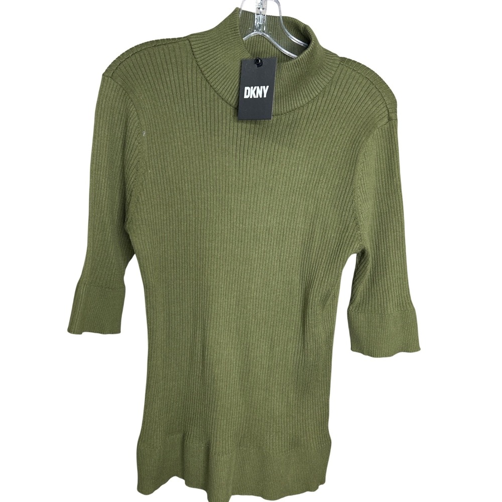 DKNY XL NEW Womens Moss Green Ribbed Mock Neck Elbow Sleeve Sweater‎